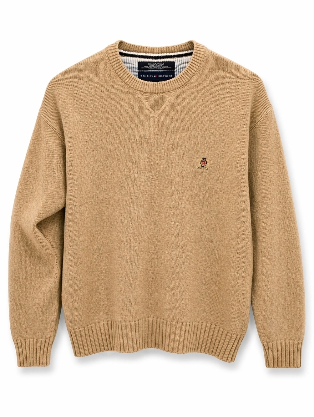 Vintage 90s Tommy Hilfiger Tan Crewneck Sweater Heavy Knit Size L 100% Cotton